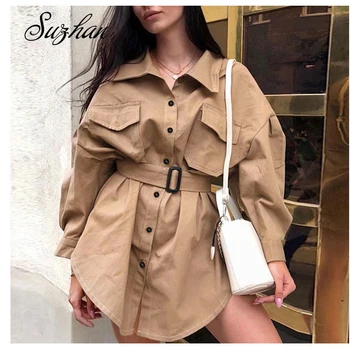 

Suzhan 2019 Autumn Winter Long Trench Coat Especially Female Fashion Khaki Slim Women Windbreaker Pocket Women's Raincoats