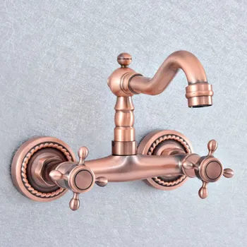 

Antique Red Copper Brass Wall Mounted Kitchen Wet Bar Bathroom Sink Faucet Swivel Spout Mixer Tap Dual Cross Handles asf858