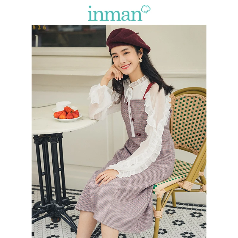 INMAN Spring Autumn Young Literary Style Retro Contrast Lacing Plaid Defined Waist A-line Women Dress