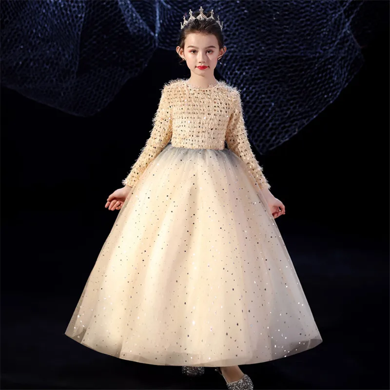 Детское роскошное элегантное платье принцессы цвета шампанского, расшитое блестками, на день рождения, свадьбу, вечеринку, для маленьких детей, костюмы на фортепиано, платье