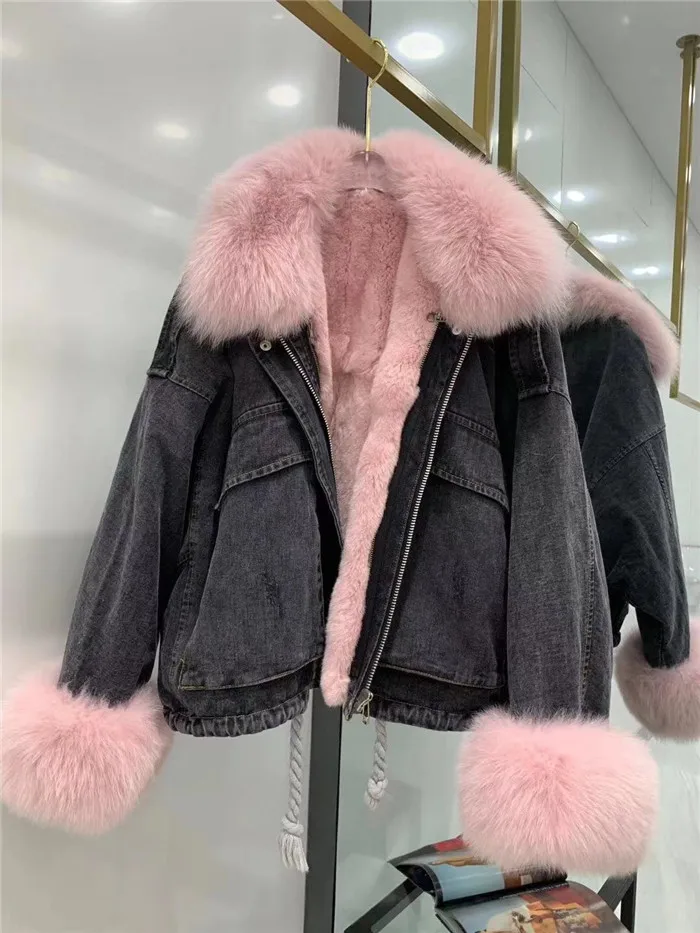 Зимняя короткая куртка, Женское пальто из натурального меха, парка, натуральный Лисий воротник, подкладка из кроличьего меха Рекс, Толстая теплая джинсовая куртка, уличная одежда - Цвет: Розовый