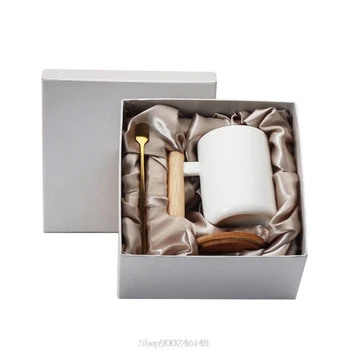 

Coffee Mug with Lid and Spoon Wooden Handle Ceramic Milk Tea Cup Set with Spoon and Lid for Home Office(13 OZ, White) O23 20