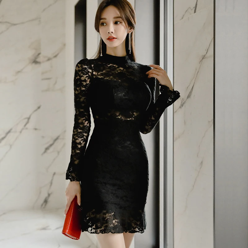 

2020 spring new Korean style slim temperament ruffled perspective sexy leak back lace bottoming skirt dress