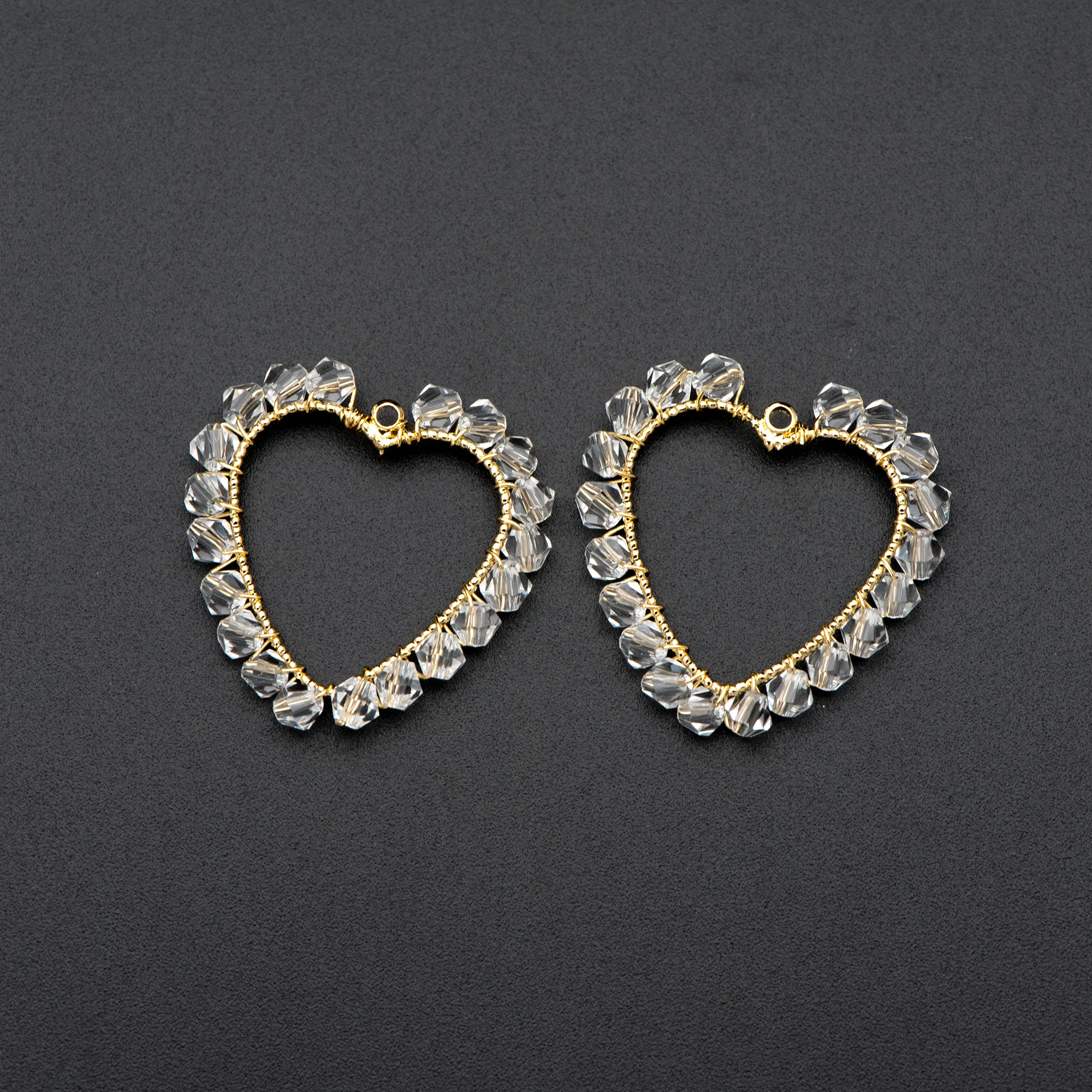 

10pcs Gold Beaded 26x25mm Heart Charms , Wired Crystal Beads Geometric Pendants, Dangle Earring Components (GB-682)