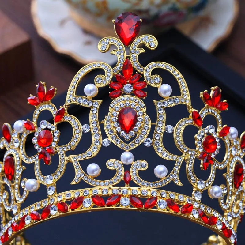 Vintage King Queen Diadem Tiaras Baroque Gold Metal Red Crystal Pearl Crown Bride Wedding Hair Accessories Women Hair Jewelry