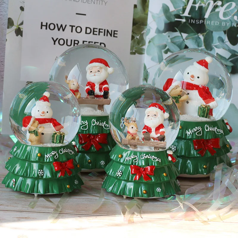 Creative Christmas Tree Base Crystal Ball New Year Gifts Santa Claus Snowman Figurine Music Box Room Decor Ornament Decoration