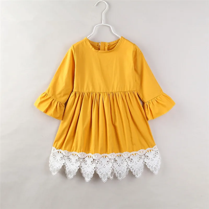 DFXD/платье для малышей весенняя одежда для детей от 1 до 8 лет желтое кружевное платье принцессы с расклешенными рукавами в стиле пэчворк хлопковая одежда для малышей Vestidos