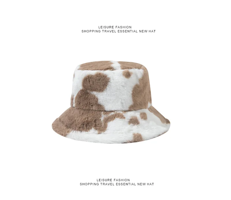 Women Winter Thick Warm Travel Fishing Fisherman Flat Top Hat Cow Pattern Polyester Imitation Rabbit Fur Knit Bucket Cap R98 cow bucket hat