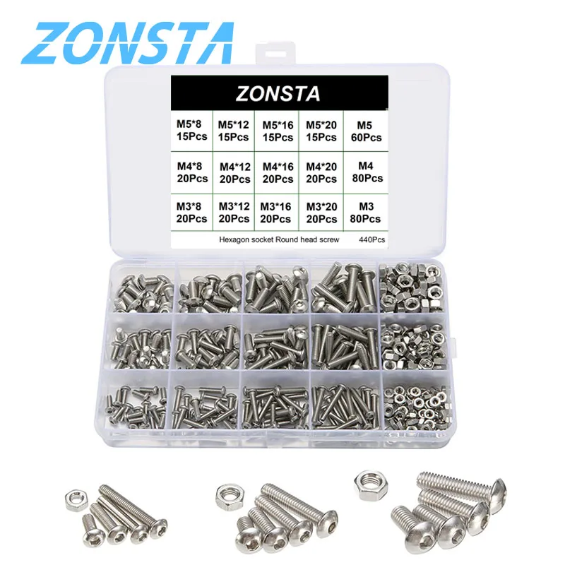 440pcs Round Hexagon Socket Head Screw Set M3 M4 M5 Stainless Steel Hex Socket Button Head Bolts and Nuts Allen Key Screws Kit