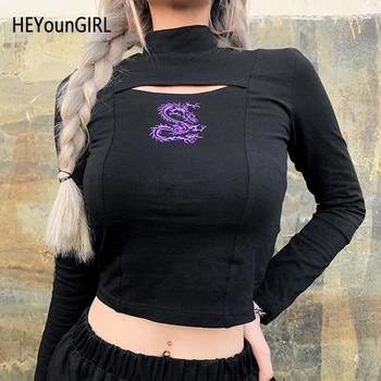 

HEYounGIRL Dragon Printed Black Basic Tshirt Women Cut Out Long Sleeve Crop T Shirt Ladies Casual Street Wear T-shirt Woman 2019