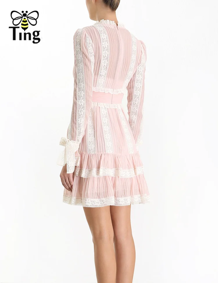 Tingfly/Новинка; дизайнерское розовое мини-платье с бантом и вырезом; кружевные Короткие праздничные платья в стиле пэчворк для девочек; повседневные платья с длинными рукавами; Vestidos; Модная одежда