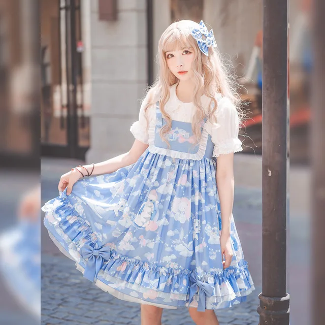 

Japanese sweet lolita dress vintage falbala bowknot cute printing high waist victorian dress kawaii girl gothic lolita jsk loli