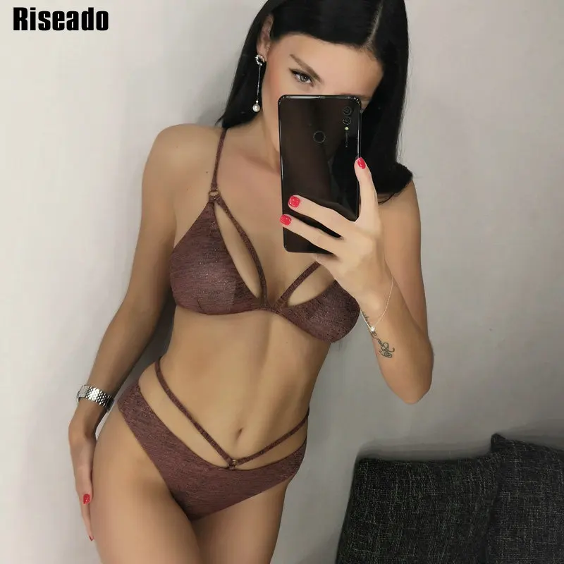 Коричневый Riseado, пуш-ап бикини,, на бретелях, купальники для женщин, микро бикини, Одноцветный купальник, бандаж, купальники, летние, пляжные - Цвет: Коричневый