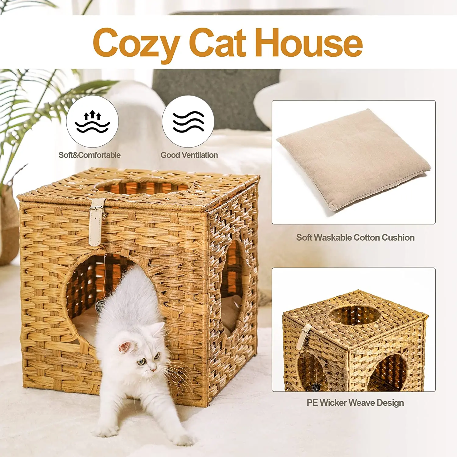 Mewoofun Cat House for Indoor Cats with Hand-Woven Wicker Beds
