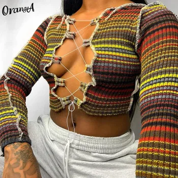 

OrangeA Autumn Women Striped Patchwork Sexy Hollow Out Long Sleeve Y2K Crop Tops Elastic Hot Street Clubwear Drawstring Lace Up