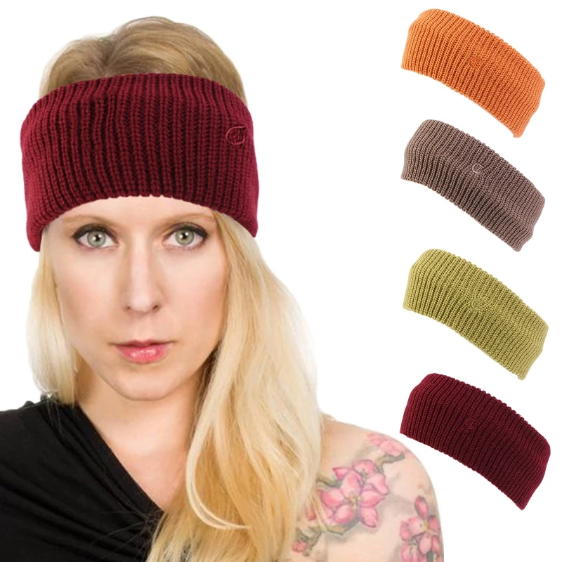 

Women Pashmina Winter Knitted Headband Stretchy D Letter Embroidery Solid Color Wide Headwrap Double Layer Ear Warmer Bandana