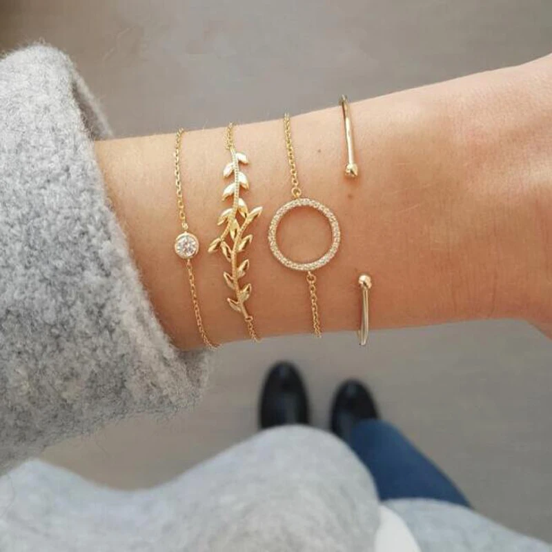 

docona Boho Gold Color Leaf Round Crystal Multi-layer Bangles for Women Adjustable Open Charm Bracelet Bangle Pulseiras 4175