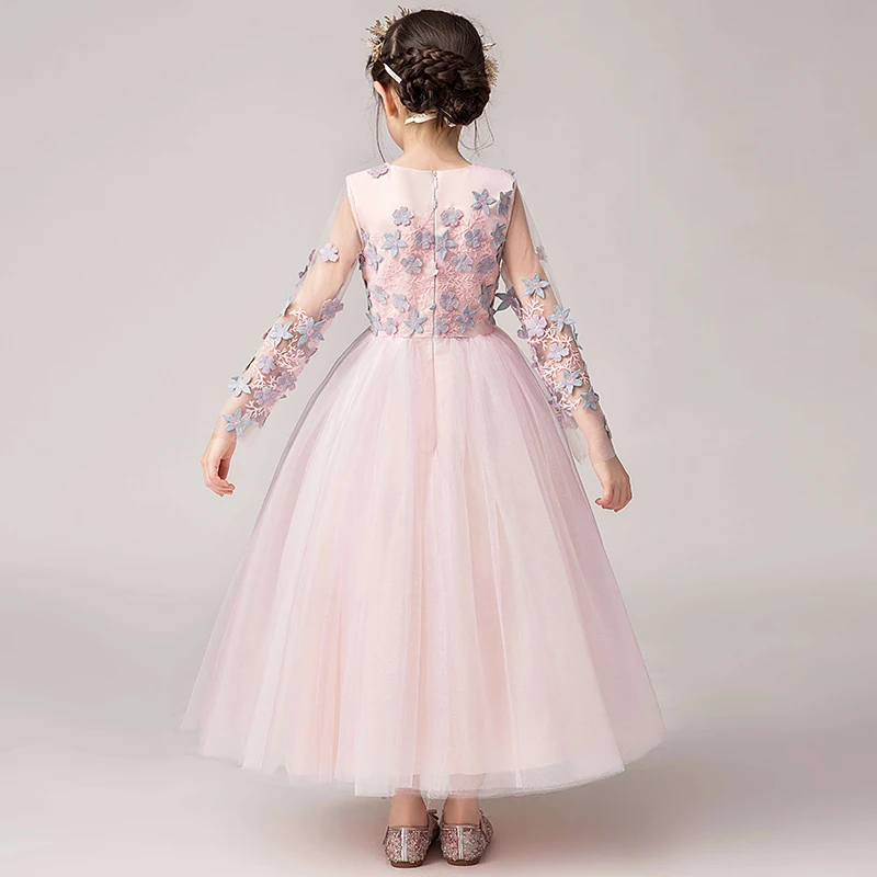 Одежда с длинным рукавом в цветочек кружевные платья для девочек для Детское платье для свадьбы, платье подружки невесты, праздничная одежда для детей; торжественное платье принцессы, Пышное Платье с фатиновой юбкой