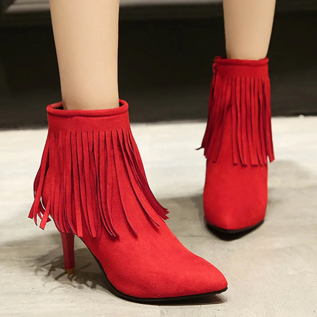 Boots Women Shoes High Heel Women's Tassel Side Zipper Thin Heel Ankle Bare Boots Flock Casual Short Boots 30