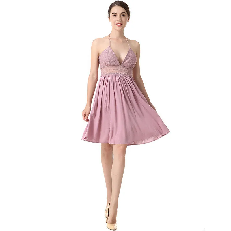 

BacklakeGirls Sexy V Neck Spaghetti Strap A Line Chiffon Homecoming Dresses Knee Length Solid Color Dress Backless