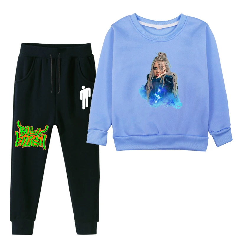 Billie eilish/комплекты спортивной одежды для детей; коллекция года; сезон осень-зима; плотный спортивный костюм с капюшоном для маленьких мальчиков; комплект из 2 предметов; свитер для девочек+ спортивные штаны - Цвет: billie eilish13