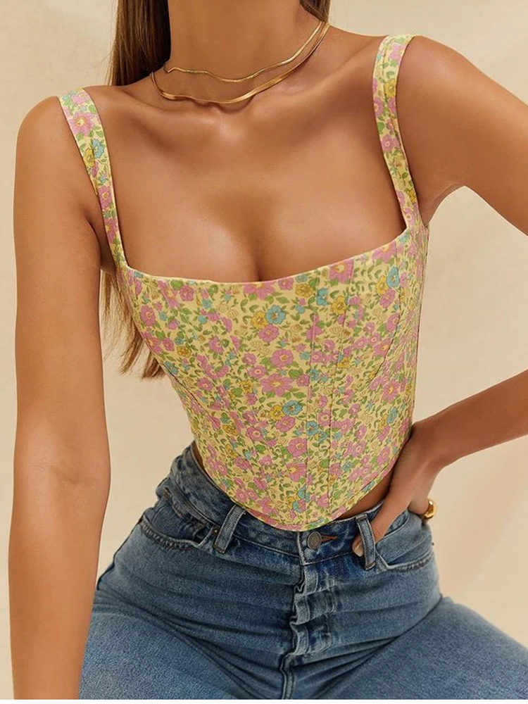 newasia floral espartilho impressão superior retalhos zíper desossamento camada fino ajuste colheita tanque superior chique amarelo cami topo topos feminino