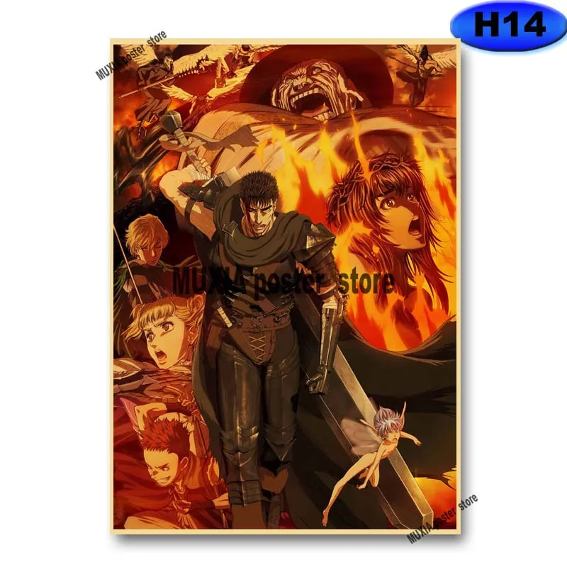 Classic Anime Berserk Poster Retro Kraft Paper Swordsman Posters and Prints Wall Sticker Home Decor Living Room Bar Art Painting