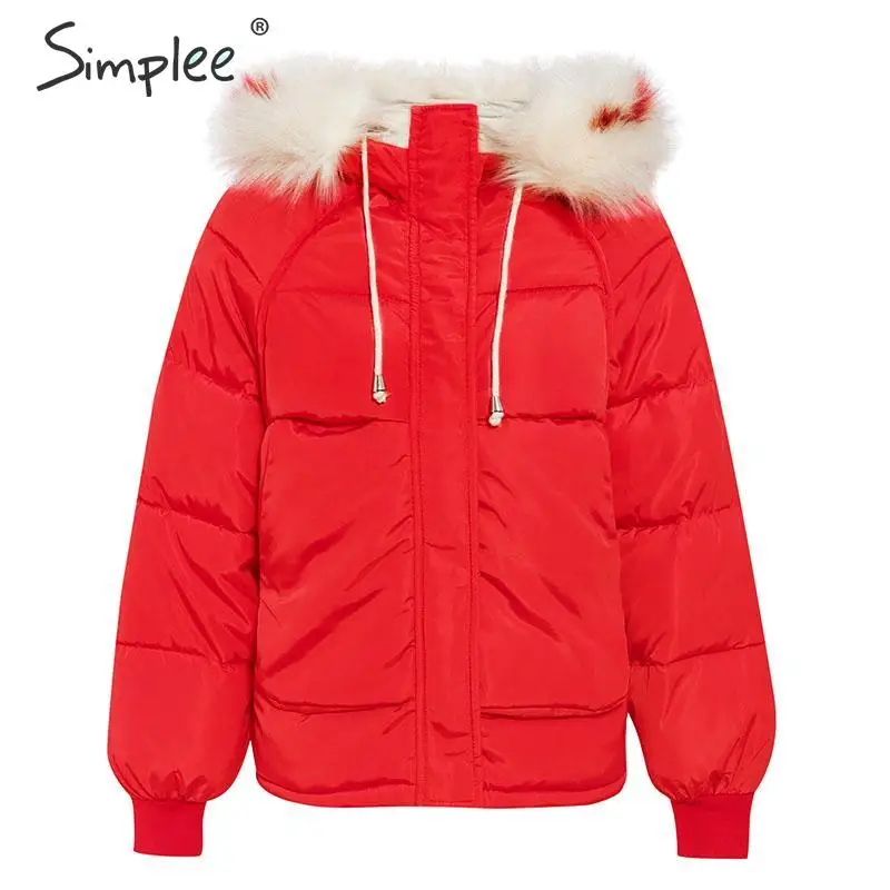 red fur collar Simplee женская куртка осень-зима большой размер с капюшоном женский теплый мягкий пиджак - Цвет: red fur collar