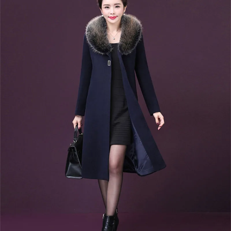 Новое длинное шерстяное пальто для женщин среднего возраста зимние теплые меховые куртки и пальто с меховым воротником элегантное теплое шерстяное пальто плюс размер 5XL