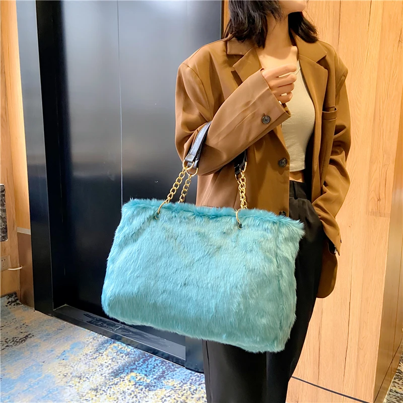 2022 Women Faux Fur Handbag And Purses Plush Shoulder Bag Blue Green Black  Stone Pattern Pu Leather Tote Designer Crossbody Bags - Shoulder Bags -  AliExpress