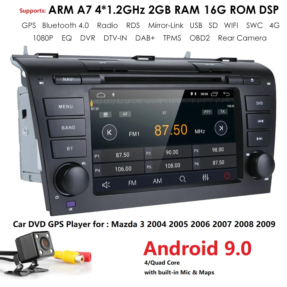 Top 1024*600 2G+16G Android9.0 GPS navi car dvd player radio stereo For MAZDA 3 2004-2009 WIFI DAB Mirrorlink rear camera SWC DVR 4G 3