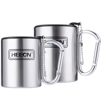 

free shiping HEECN Double Wall Camping Mugs with Lids Carabiner Handle 8oz/220ml 10oz/300ml