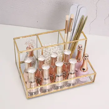 

Glass Makeup Organizer Bathroom Cosmetic Organizer With Golden Covered Edge Pencil Box Perfume Makeup Tools Lipstick Organizer