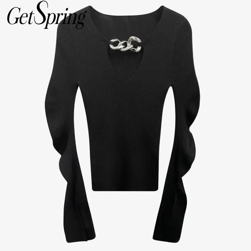 GETSPRING Women Sweater Patchwork V-Neck Flare Sleeve Sweaters Pullovers Black White Vintage Knit 2020 New | Женская одежда
