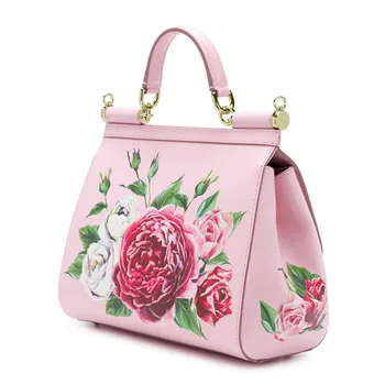 

Genuine Leather Women Pink Messenger Shoulder Bags Luxury Brands Sicily Elegant Lady Bag Colorful Rose Flower Print Tote Handbag