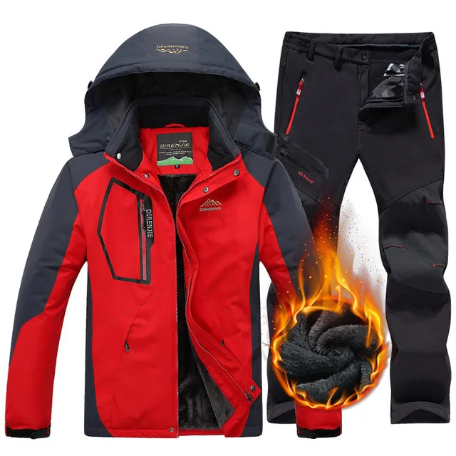 Мужские зимние водонепроницаемые куртки, брюки для походов, Походов, Кемпинга, лыж, сноуборда, куртки, уличные термо флисовые лыжные костюмы для мужчин - Цвет: Red