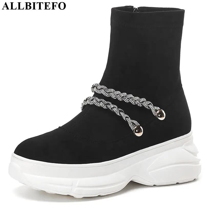 

ALLBITEFO High Elastic material leather women boots chain Pure color ankle boots Autumn Winter comfortable fashion boots