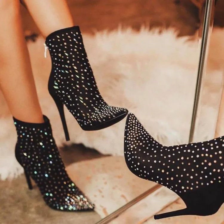 

Lady Boots Bootee Woman 2019 Shoes Low Heels booties Round Toe Luxury Designer Crystal Lace Up Ladies Black Fashion Rhinestone
