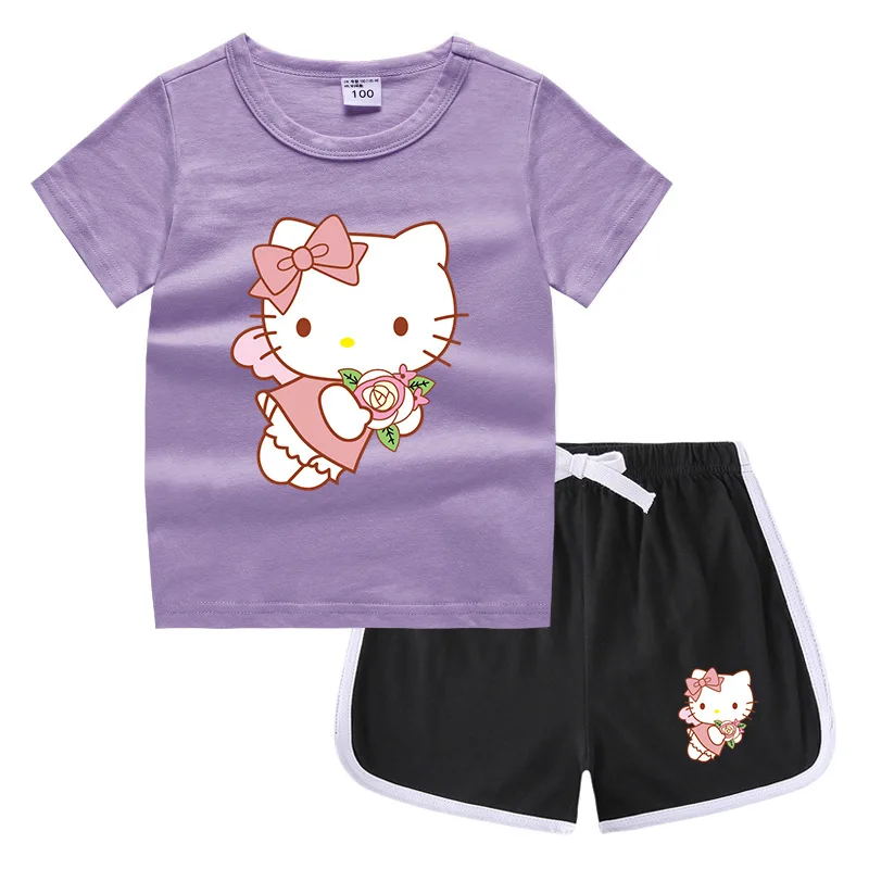 

Hello Kitty New Suit Cute Cartoon T-shirt + Casual Hot Pants Children's Candy Cotton Sweat-Absorbent Two-Piece Bottoming Shirt