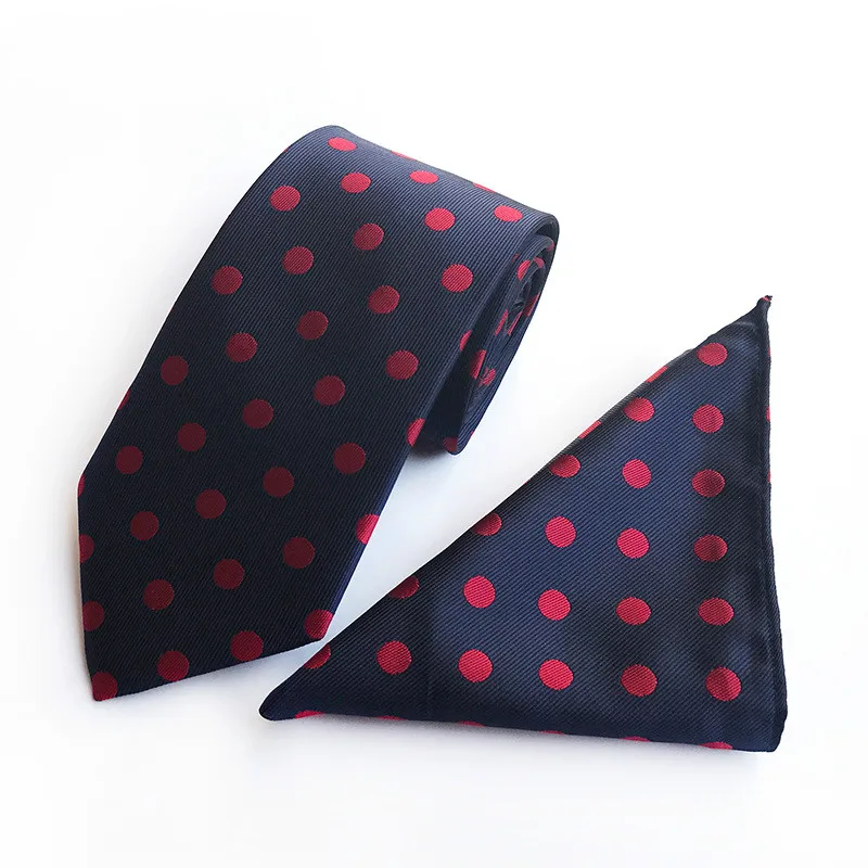 

Fashion Man Tie + Hanky Set 8CM Silk Necktie Red Polka Dot Gravata High Quality Festival Gift Cravat Handkerchief Small Scarf