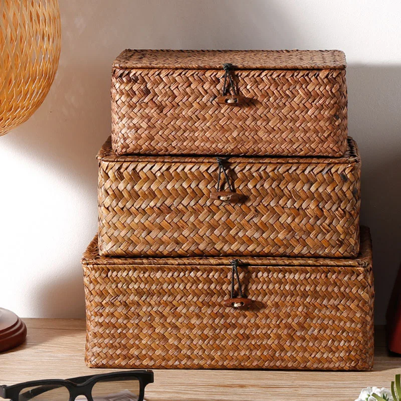 

3PCS Natural Large Woven Storage Basket of Straw for Home Table Fruit Bread Basket Storage Container Box Toy Holders