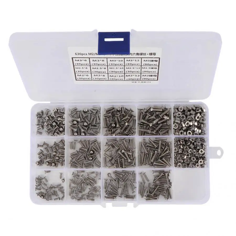 

630pcs M3\M2.5\M2 Stainless Steel Hex Flat Head Screw and M3\M2.5\M2 Nut Set