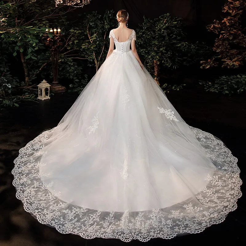 Wedding Dresses Luxury Lace V Neck Ball Gown Short Sleeve Princess Illusion Applique