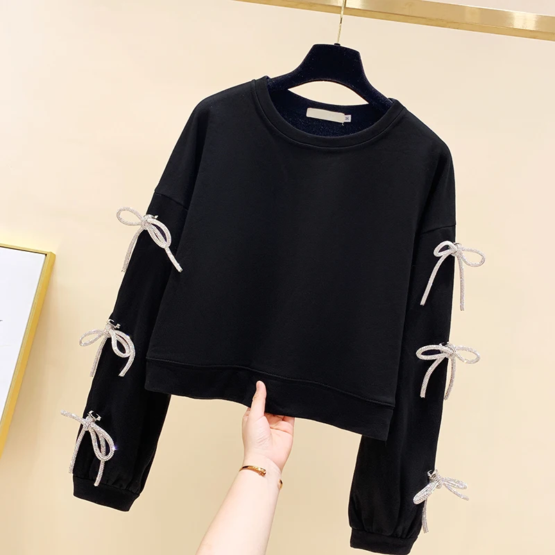 

Bow Bandage Diamond Sweatshirt Women's 2020 Autumn and Winter New Black Korean Style Round Neck Loose Short Pullover Top Hoodie