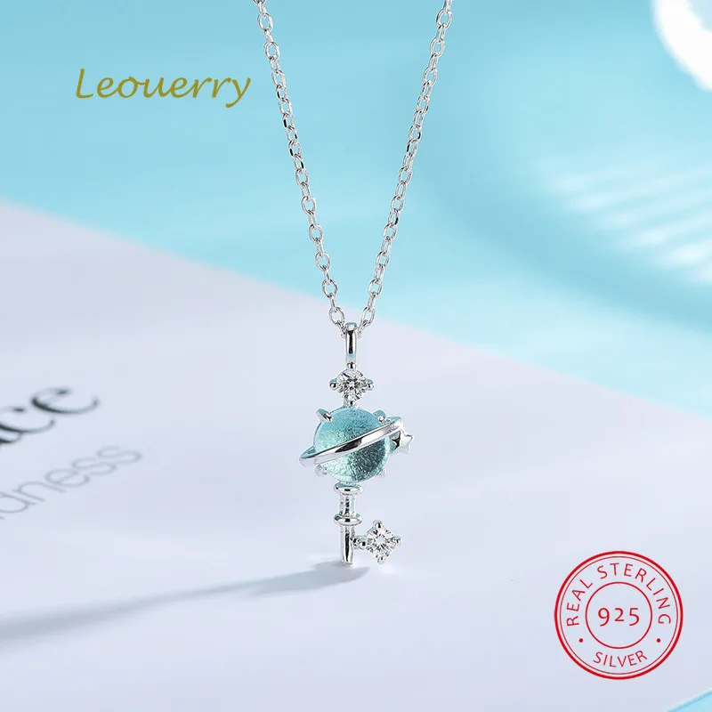 

Leouerry 925 Sterling Silver Fantasy Planet Key Necklace Women Clavicle Chain Blue Aurora Cosmic Planet Necklace