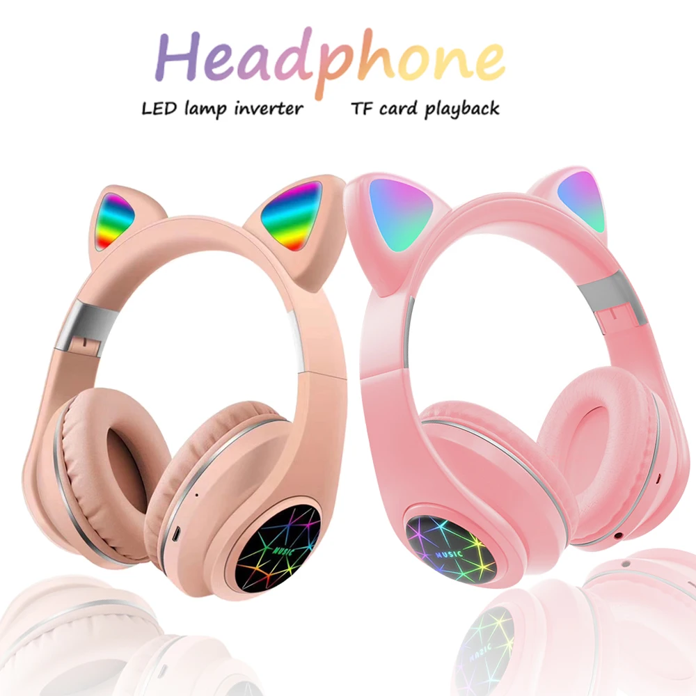 Wireless Headphone pink Cat Ear Bluetooth 5 0 Earphone LDE Flashing Light Stereo MusicTF Card 3 5 mm Plug with Microphone