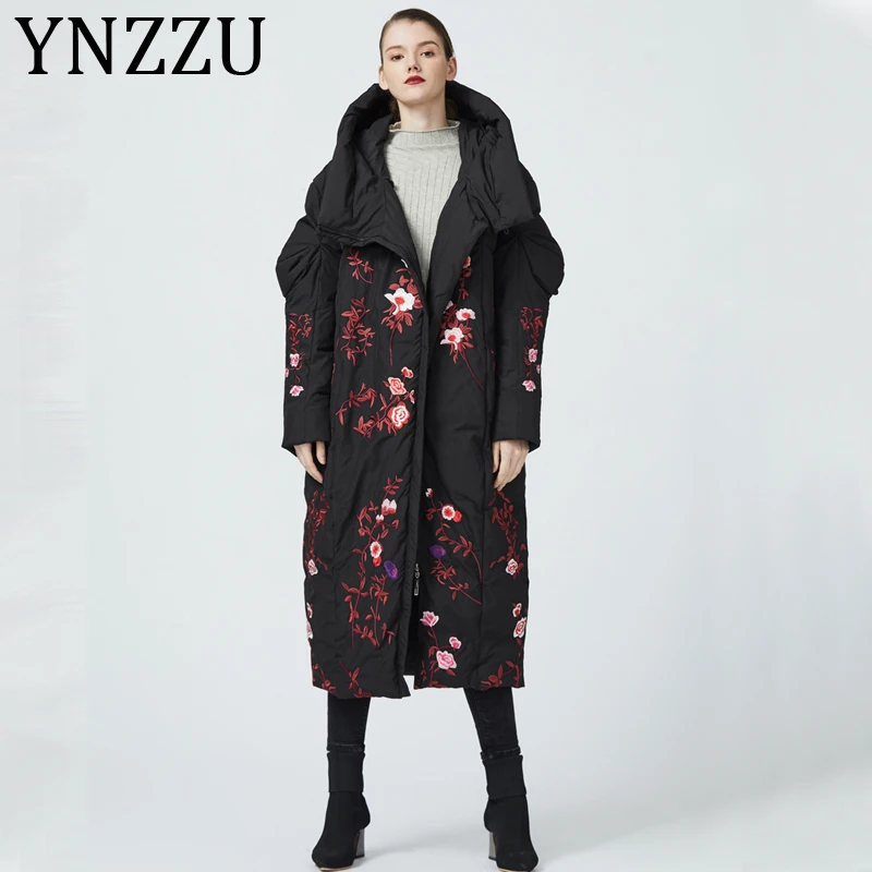 YNZZU, высокое качество,, зимний женский пуховик с цветочной вышивкой, длинное теплое пуховое пальто с капюшоном, женская зимняя верхняя одежда A1443