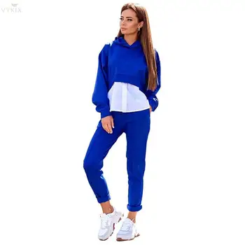 

2020 Tracksuits Women Set Full Sleeve Hooded Tracksuit Suit Patchwork Suit Two Piece Set Top And Pants Night Sport Club Outfits