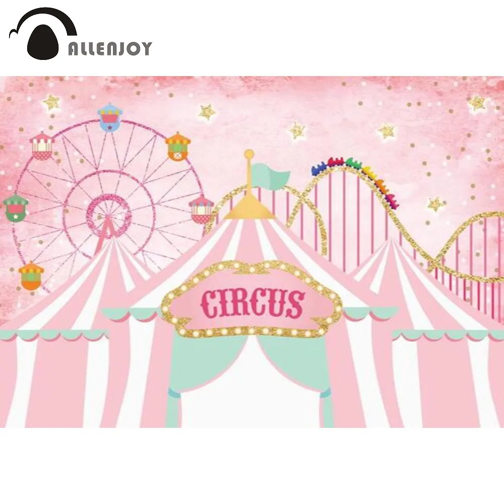 

Allenjoy Circus Birthday Tent Baby Shower Party Background Pink Girl Gold Stars Ferris Wheel Carnival Roller Coaster Backdrop