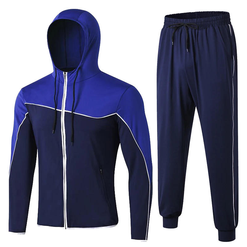 Navy-White Line-Set Мужские наборы для бега, мужская спортивная одежда с капюшоном, Мужской осенне-зимний костюм для бега, спортивный костюм из 2 предметов, спортивные худи, толстовка, штаны - Color: Navy-White Line-Set